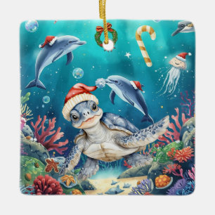Ornement En Céramique Turtle Santa Chapeau Sous l'Océan Fête de Noël