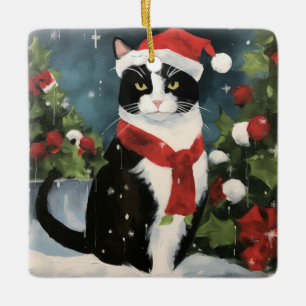 Ornement En Céramique Tuxedo Chat en Noël de neige