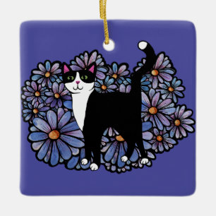 Ornement En Céramique Tuxedo Chat Purple Daisies Art