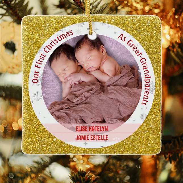 Ornement En Céramique Twin Baby Girls 1st Xmas Great-Grand-parents Photo (Elegant Modern Cute Golden Our First Christmas as Great-Grandparents Twin Girls Photo Faux Glitter)