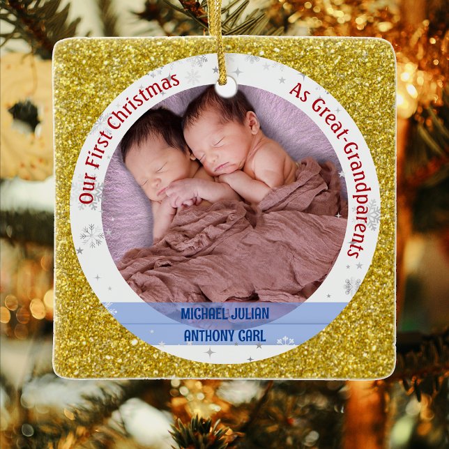 Ornement En Céramique Twins Baby Boys 1st Xmas Great-Grand-parents Photo (Elegant Modern Cute Golden Our First Christmas as Great-Grandparents Twin Boys Photo Faux Glitter)
