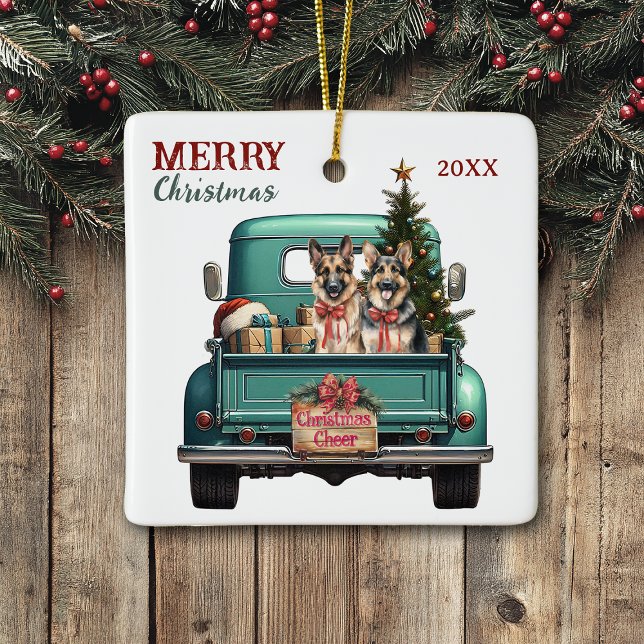 Ornement En Céramique Two German Shepherd Dogs Retro Truck Christmas (Créateur téléchargé)