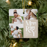 Ornement En Céramique typographie beige multicolore moderne<br><div class="desc">Graphique vintage coloré typographie beige joyeux chritsmas multi photo décoration de vacances. Une partie d'une collection de vacances audacieuse et amusante.</div>