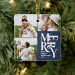 Ornement En Céramique typographie marine multicolore moderne<br><div class="desc">Colorful vintage graphique marine bleu typographie joyeux chritsmas multi photo de vacances ornement design. Une partie d'une collection de vacances audacieuse et amusante.</div>