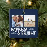 Ornement En Céramique Typographie minimale moderne 2 photo Noël<br><div class="desc">Tout n'est peut-être pas calme mais tout peut encore être lumineux avec cette carte de Noël moderne et colorée amusante. Avec espace pour 2 photos carrés,  disponibles dans une sélection de couleurs.</div>
