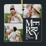 Ornement En Céramique typographie noire multicolore moderne<br><div class="desc">Colorful vintage graphique noir typographie joyeux chritsmas multi photo de vacances ornement design. Une partie d'une collection de vacances audacieuse et amusante.</div>