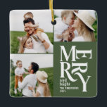 Ornement En Céramique typographie verte multicolore moderne<br><div class="desc">Colorful vintage graphique vert typographie joyeux chritsmas multi photo de vacances ornement design. Une partie d'une collection de vacances audacieuse et amusante.</div>