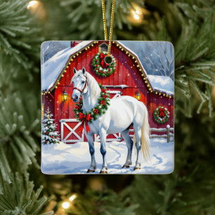 Ornement En Céramique Un Cheval Blanc Festif et une Grange d'hiver Noël