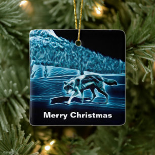 Ornement En Céramique Un Loup Sur Neige