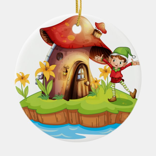 Ornement En Céramique Un nain en dehors d'une maison de champignon (Devant)