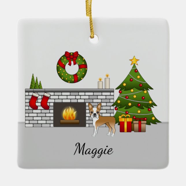 Ornement En Céramique Un Terrier De Boston Dans Une Salle De Noël Festiv (Devant)