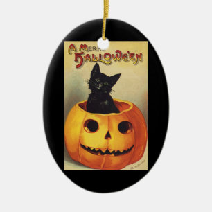 Ornement En Céramique Une joyeuse Halloween par Ellen Clapsaddle, Chat V