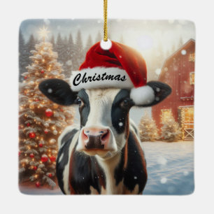 Ornement En Céramique Vache de Noël portant un chapeau de Père Noël