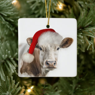 Ornement En Céramique Vache Hereford de Noël avec chapeau de Père Noël