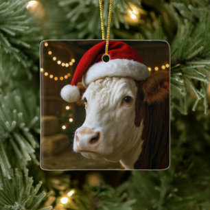 Ornement En Céramique Vache Hereford de Noël portant un chapeau de Père