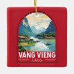 Ornement En Céramique Vang Vieng Laos Travel Art Vintage<br><div class="desc">Vang Vieng design de déplacement vectoriel rétro. Vang Vieng est une petite ville au nord de Vientiane,  sur la rivière Nam Song au Laos. Il est entouré de montagnes calcaires et de grottes.</div>