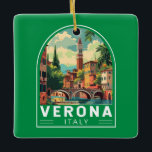 Ornement En Céramique Vérone Italie Travel Art Vintage<br><div class="desc">Vérone rétro design de voyage vectoriel. Vérone est une ville du nord de l'Italie de la Vénétie,  avec une vieille ville médiévale construite entre les méandres de la rivière Adige. C’est célèbre pour être le cadre de "Roméo et Juliette" de Shakespeare.</div>