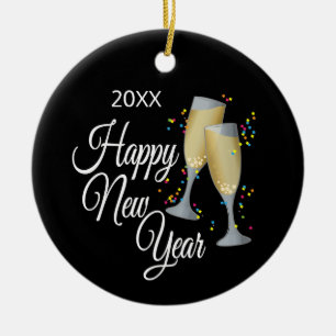 Ornement En Céramique Verres et confettis de la bonne année I Champagne