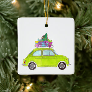 Ornement En Céramique Vert Fiat 500 avec Cadeaux de Noël Aquarelle