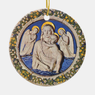 Ornement En Céramique VIERGE AVEC ENFANT ET ANGELS Sapphire Bleu Rond