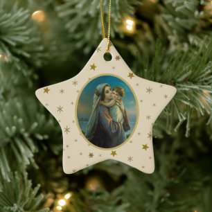 Ornement En Céramique Vierge Marie et bébé Jésus sur Arrière - plan étoi
