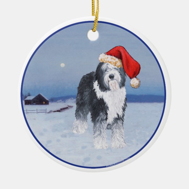 Ornement En Céramique Vieux anglais Sheepdog Santa Hat (Devant)
