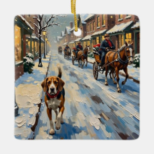 Ornement En Céramique Vieux Beagle dans une rue victorienne enneigée à N