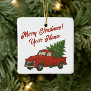 Ornement En Céramique Vieux camionnette rouge vintage avec arbre de Noël