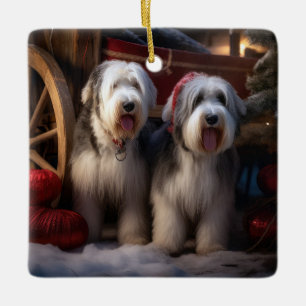 Ornement En Céramique Vieux chien de berger anglais enneigé Noël décorat