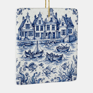 Ornement En Céramique Ville de Delft & Port de Pêche Bleu Cobalt Blanc