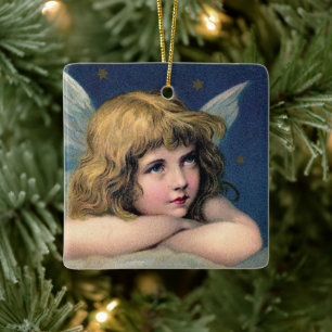 Ornement En Céramique Vintage Christmas, Beautiful Angel with Gold Stars