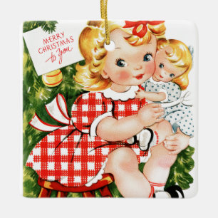 Ornement En Céramique Vintage fille de 1950 avec poupée