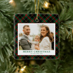 Ornement En Céramique Vintage Green Tartan Plaid Photo Christmas<br><div class="desc">Send warm wishes this holiday season with the Vintage Green Tartan Plaid Photo Merriest Christmas Holiday Card. Featuring a charming green gingham plaid pattern paired with your favorite family photo, this card blends timeless elegance with festive cheer. Perfect for spreading holiday joy to friends and family, it captures the cozy...</div>