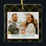 Ornement En Céramique Vintage Green Tartan Plaid Photo Christmas<br><div class="desc">Send warm wishes this holiday season with the Vintage Green Tartan Plaid Photo Merriest Christmas Holiday Card. Featuring a charming green gingham plaid pattern paired with your favorite family photo, this card blends timeless elegance with festive cheer. Perfect for spreading holiday joy to friends and family, it captures the cozy...</div>