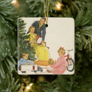 Ornement En Céramique Vintage Noël matin, présentation d'ouverture famil