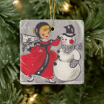 Ornement En Céramique Vintage Noël Snowman Danser Avec Fille<br><div class="desc">Joli Retro Vintage Noël Snowman Danser Avec Ornement En Céramique Fille Vacances.</div>