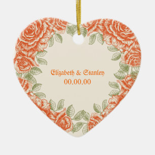 Ornement En Céramique Vintage orange roses mariage Enregistrer la date