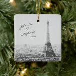 Ornement En Céramique Vintage Paris Eiffel Tower Black White Photo Name<br><div class="desc">This beautiful ornament features a birds-eye view vintage black and white travel photo of the Eiffel Tower and Paris France. Personalize it with your name(s). Great gift idea!</div>