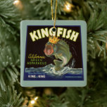 Ornement En Céramique Vintage Product Can Label Art, Kingfish Asparagus<br><div class="desc">Vintage illustration canned product vegetable crate label art advertisement featuring a large king fish with a huge gaping mouth jumping out of the water and wearing a crown like royalty. Antique advertising for Kingfish California green asparagus. Grown and packed by King and King,  Sacramento,  California.</div>