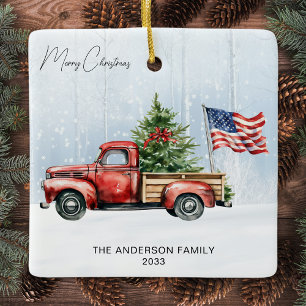 Ornement En Céramique Vintage Red Christmas Truck Farmhouse USA Drapeau