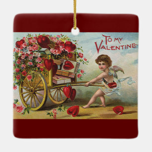Ornement En Céramique Vintage Valentines Day Angel, Panier de Coeurs d'A