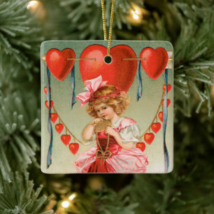 Ornement En Céramique Vintage Valentines Day, Victorian Girl with Heart