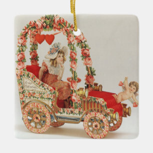 Ornement En Céramique Vintage Valentines Victorienne, Voiture avec Fleur