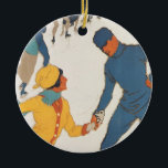 Ornement En Céramique Vintage voyage, Art Déco, Winter Davos Suisse<br><div class="desc">Publicité d'illustration vintage,  affiche de voyage européenne ou étiquette de bagage de Davos,  Suisse avec un design sportif d'amour et de romance avec les couples patinage sur glace. L'hiver à Davos.</div>