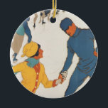 Ornement En Céramique Vintage voyage, Art Déco, Winter Davos Suisse<br><div class="desc">Publicité d'illustration vintage,  affiche de voyage européenne ou étiquette de bagage de Davos,  Suisse avec un design sportif d'amour et de romance avec les couples patinage sur glace. L'hiver à Davos.</div>