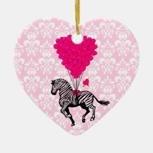 Ornement En Céramique Vintage zèbre et coeur rose sur damas