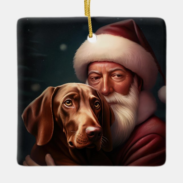 Ornement En Céramique Vizsla avec Noël Festif du Père Noël (Devant)