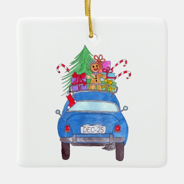 Ornement En Céramique Voiture bleue avec cadeaux de Noël Aquarelle (Devant)