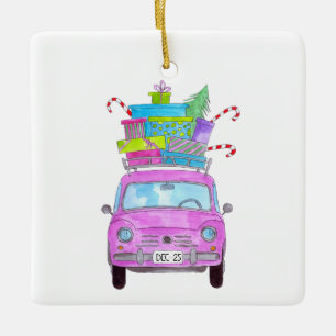 Ornement En Céramique Voiture rose avec cadeaux de Noël Aquarelle