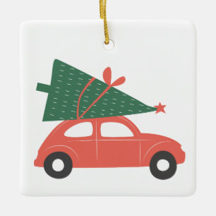 Ornement En Céramique Voiture rouge vintage avec arbre de Noël nom perso